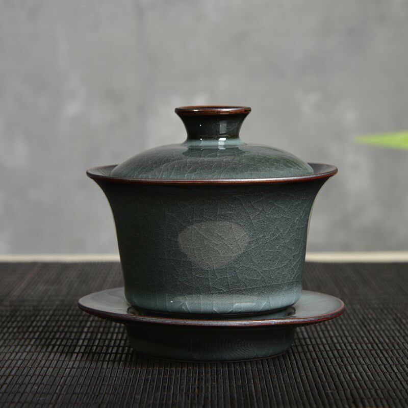 涵青堂手工铁胎三才盖碗龙泉青瓷冰裂纹茶具功夫茶碗陶瓷开片可养
