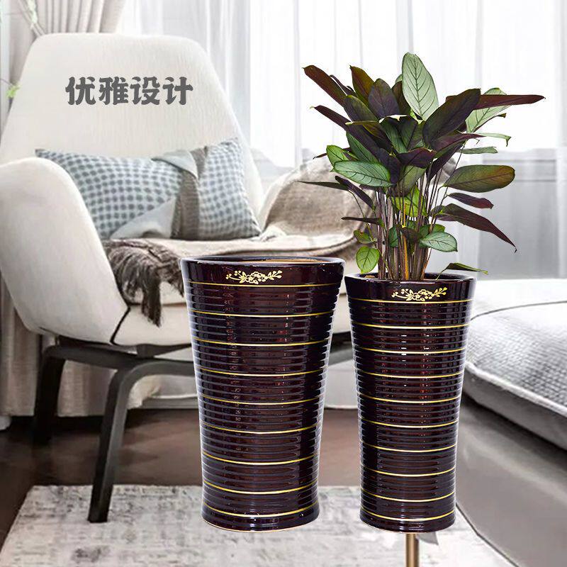 中特大号高款金线印花绿植花卉欧式简约高档办公家用落地陶瓷花盆