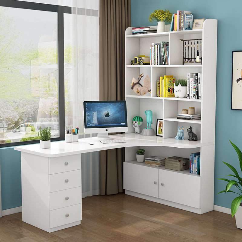 实木转角书桌书架组合一体桌台式电脑桌家用学生学习桌儿童写字桌