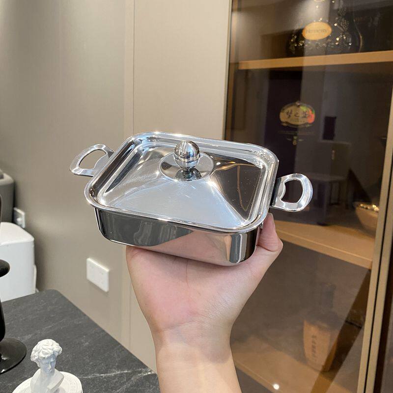 创意迷你 304不锈钢烤盘三层钢方形双耳小锅水果点心盘野餐盘子