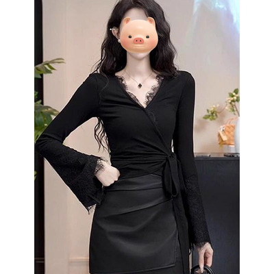 大码高级感黑色V领蕾丝长