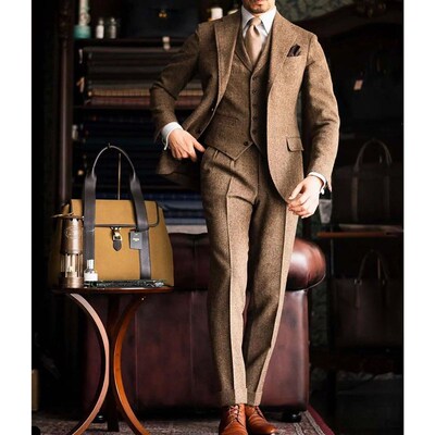 Mens Suit Tweed  Pieces Formal Business Wedding Prom Groom