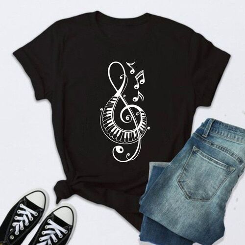 2022 Women Clothing Music Note Print Black Tops Female