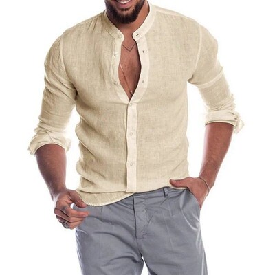 Cotton Linen Hot Sale Mens Long-Sleeved Shirts Summer Solid