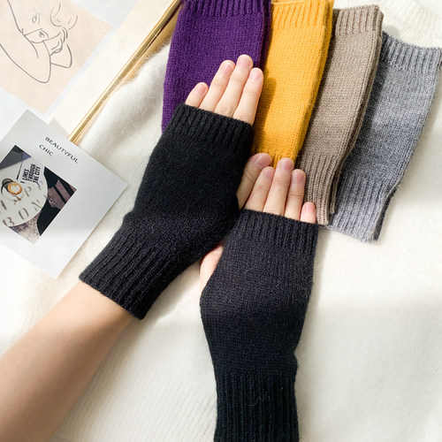 Winter Warm Fingerless Knitted Wool Gloves Women Men Solid S