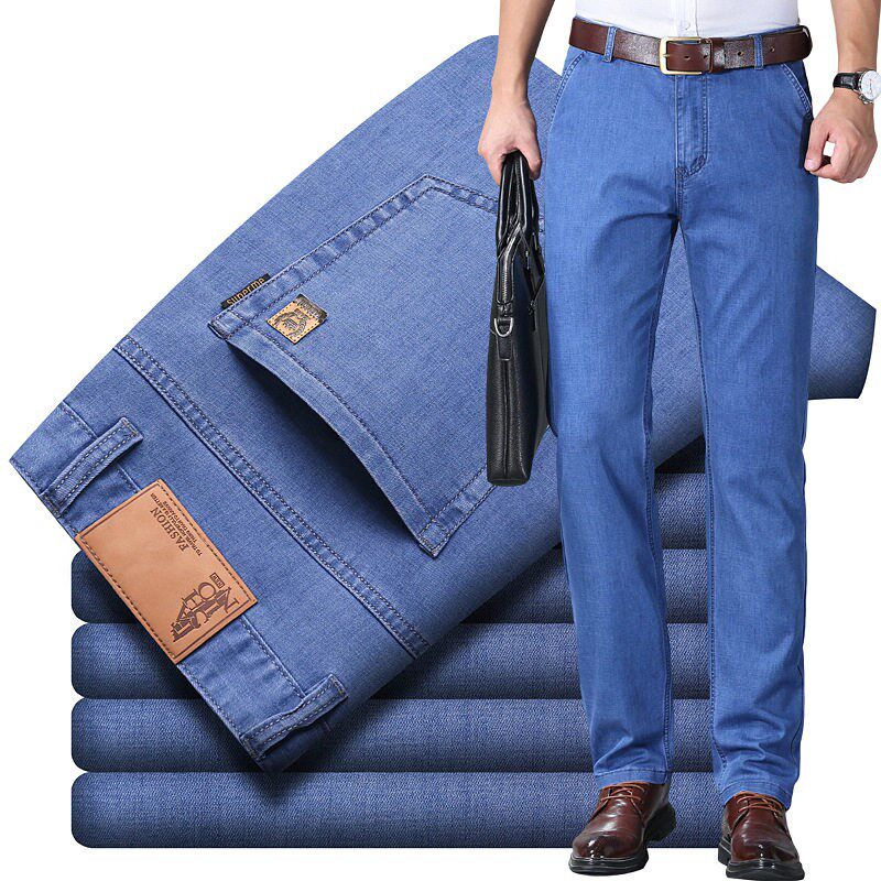 Jeans Mens Thin tton Elastic Ice Silk Quality Mid-high Wais