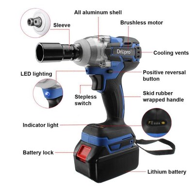 Brushless Cordless Electric Impact Wrench 1/2inch Power Tool