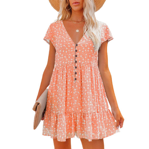 omen Blouse Dress Summer V Neck Short Sleeve Button Ruffle