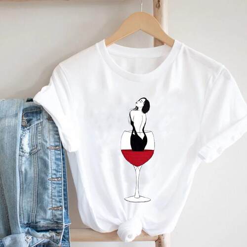 Women Printing Clothing Wine Lady Short Sleeve Casual 90s