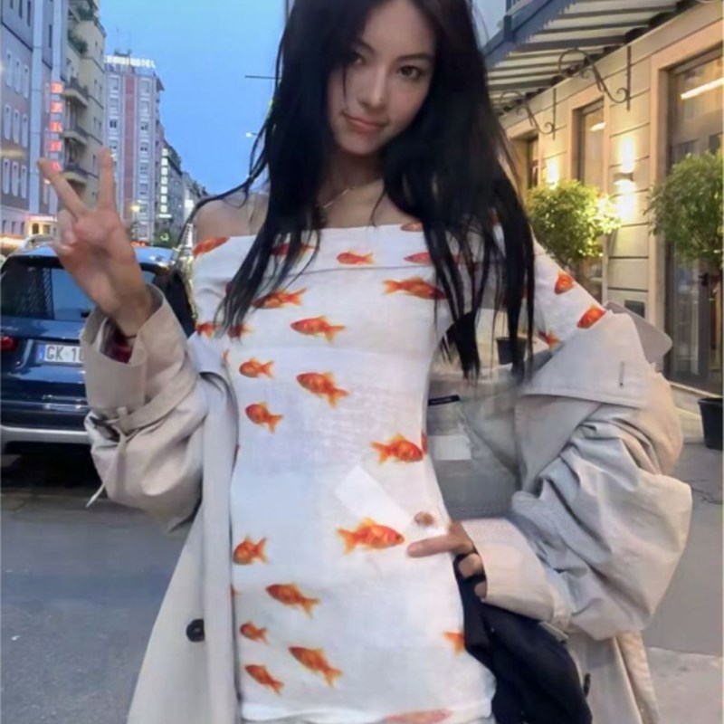Crop Tops Summer Woman Tshirts Slash Neck Long Sleeve Print图片