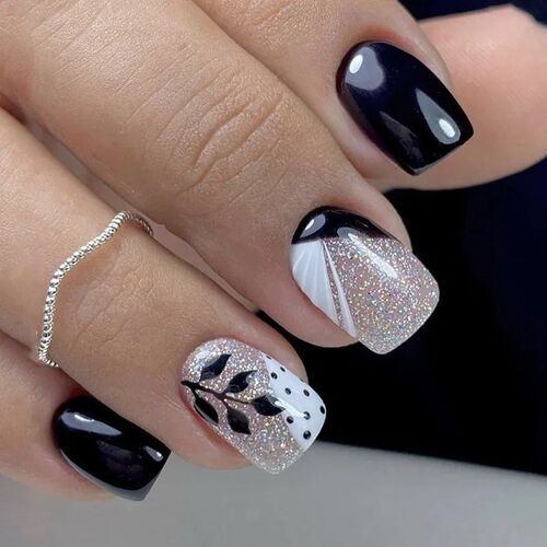 24pcs Short Square False Nails Glitter Flower Wave French Fa