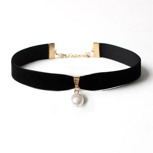 Simple Vintage Velvet Pearl Choker Short Black Clavicle Coll