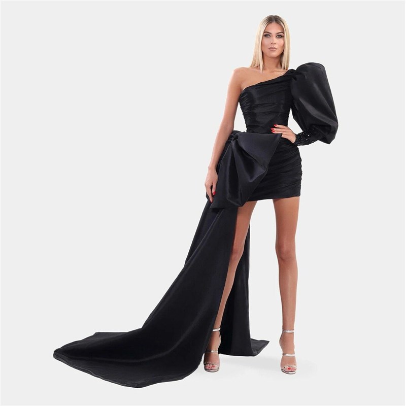High End Black Mini Sheath Evening Dresses With Ribbon One S图片