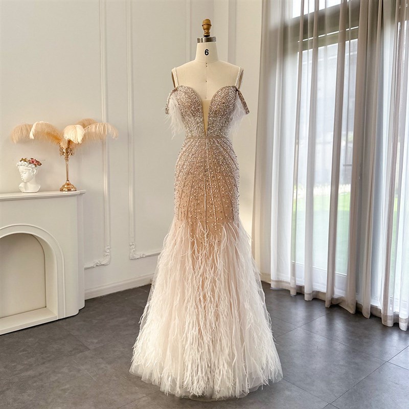 Sharon Said Luxury Feathers White Nude Prom Evening Dresses图片