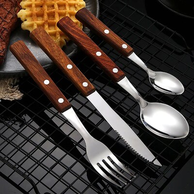 WORTHBUY Wooden Handle Cutlery Set 304 Stainless Steel Dinne