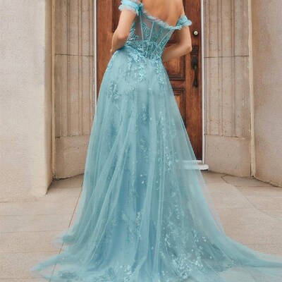 Blue Prom Dresses Lace Applique Off Shoulder Sweetheart Long