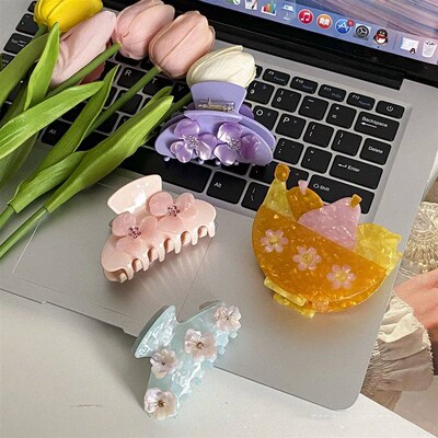 Muweordy INS Flower Hair Clip Diamond Acetate Claw Clip Kore