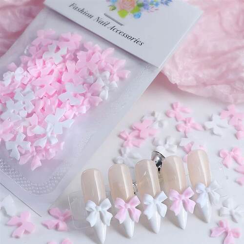 50pcs/bag Pink White Ribbon Bow Nail Charms Red Parts Nail A