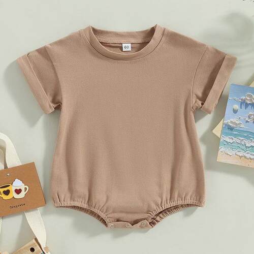Unisex Baby Boy Girl Solid Color Short Sleeve Bubble Romper