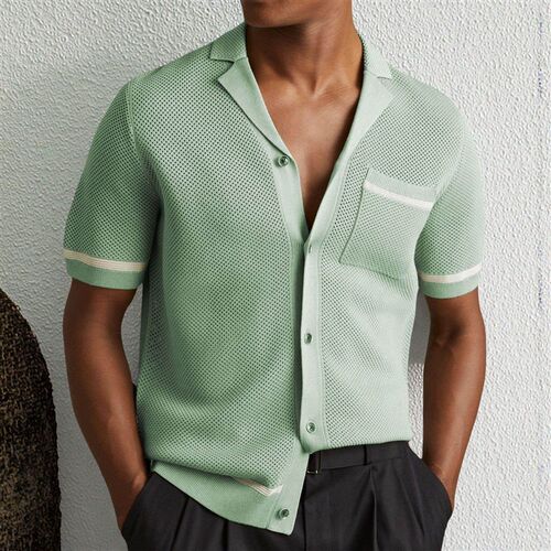 Mens hollowed out mens knitted shirt with Cuban collar