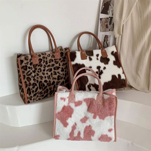Top-Handle Bags Retro Cow Leopard Print PU Leather Plush Des