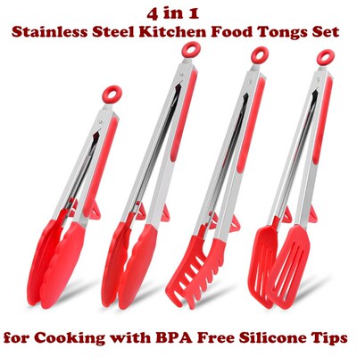 4 in1 Stainless Steel Kitchen Food Tongs Set Buffet Silicone