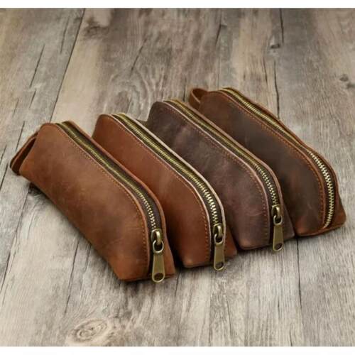 Vintage Coffee Leather Zipper Pencil Pen Pouch Bag - Small T