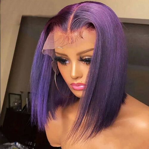 Short Bob Wig 180% Dark Purple Lace Front Human Hair Wigs Fo