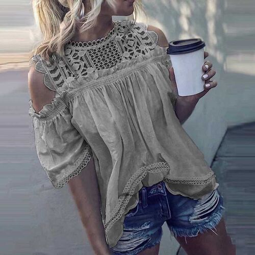 Loose solid color hollow shirt lace hollow cotton blouse sle