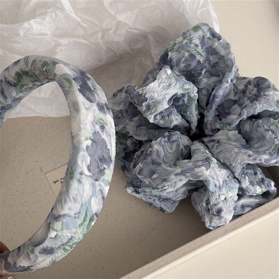 Wrinkle Sweet Blue Floral Fabric Scrunchie Headband Ponytail