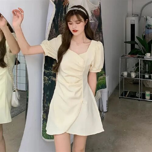 French Square Collar Ruched Bubble Sleeve Irregular Dress fo
