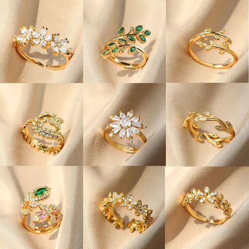 Fashion Crystal Flower Leaf Rings For Women Zircon Adjustabl