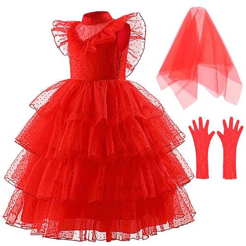 Girl Lydia Deetz Red Dress Beetle Bride Cosplay Costume Goth