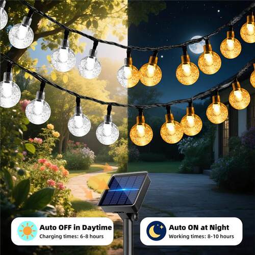 Solar String Light Outdoor Crystal Globe Lights with 8 Modes