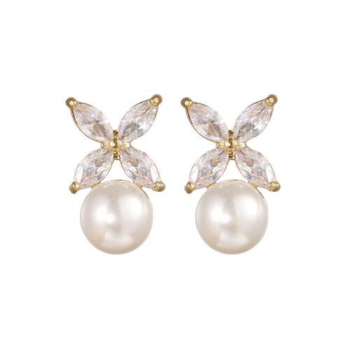 Fashionable temperament four-leaf flower zircon pearl earrin
