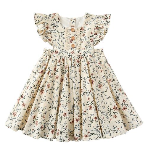 2023 New Summer Girls Dress Baby Cute Flower Pleated Sleeve