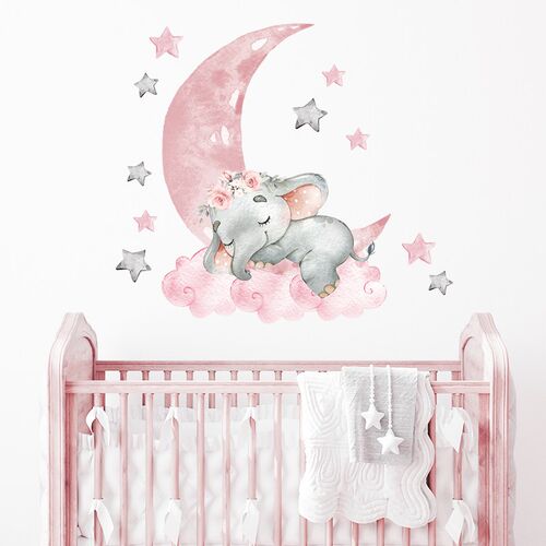 Cartoon Pink Baby Elephant Wall Stickers Hot Air Balloon Wal