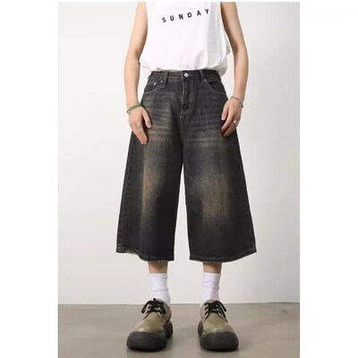 Wide-leg 7-point Jeans Loose Profile Washed Retro Disressed