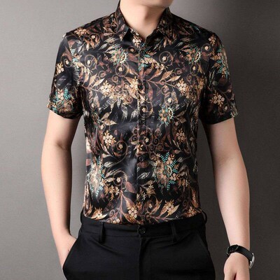 Summer Middle-aged Mens Ice Silk Short-sleeved Floral Shirt