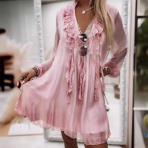 In Stock 416# Wish Loose Fashion Flower Lapel Long Sleeve Su