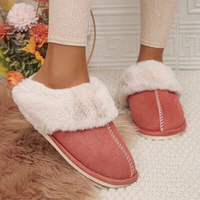 Closed Toe Warm Cotton Slippers Women Faux Fur Thicken Plush