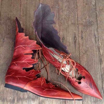Medieval Retro Women Gothic Elf Witch Leaves Lace Up Shoes C