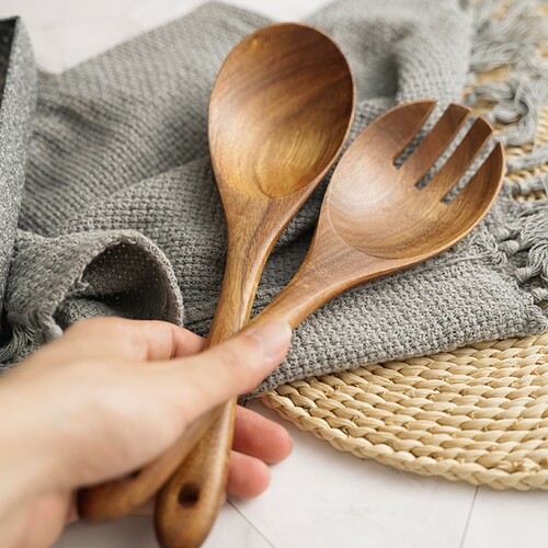 N58C 2Pcs Wooden Salad Servers Spoon and Fork Set Long