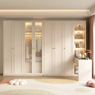 衣橱 奶油风玻璃衣柜家用卧室梳妆台一体免安装 20年新款 衣柜法式