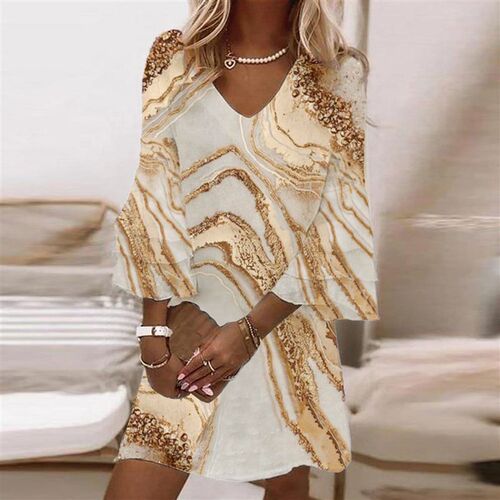 Summer Mini Dresses Women V Neck Bell Sleeve Three Layer