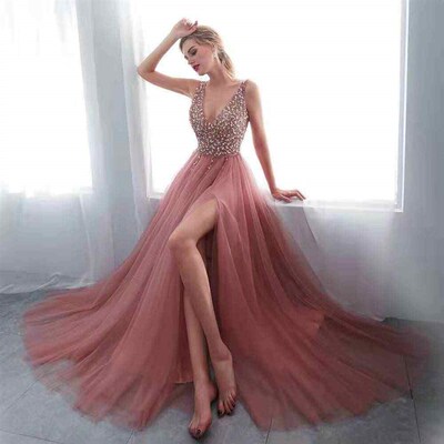 Women dress deep V sleeveless slit sequin evening gown女礼服