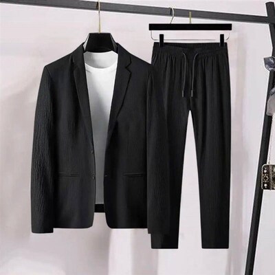 Spring Summer Fashion Suit Men Blazer Pants Stripe Pleats Lo