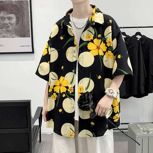 Hawaiian Flower Shirt Mens Short-sleeved Summer Loose Beach