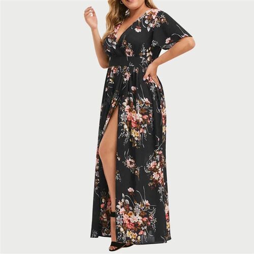 Women Floral Print Long Dress Summer Short Sleeve V Neck
