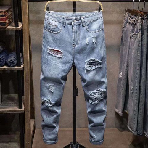 Light Color New Stetch Beggars Ripped Jeans Mens Slim-fit